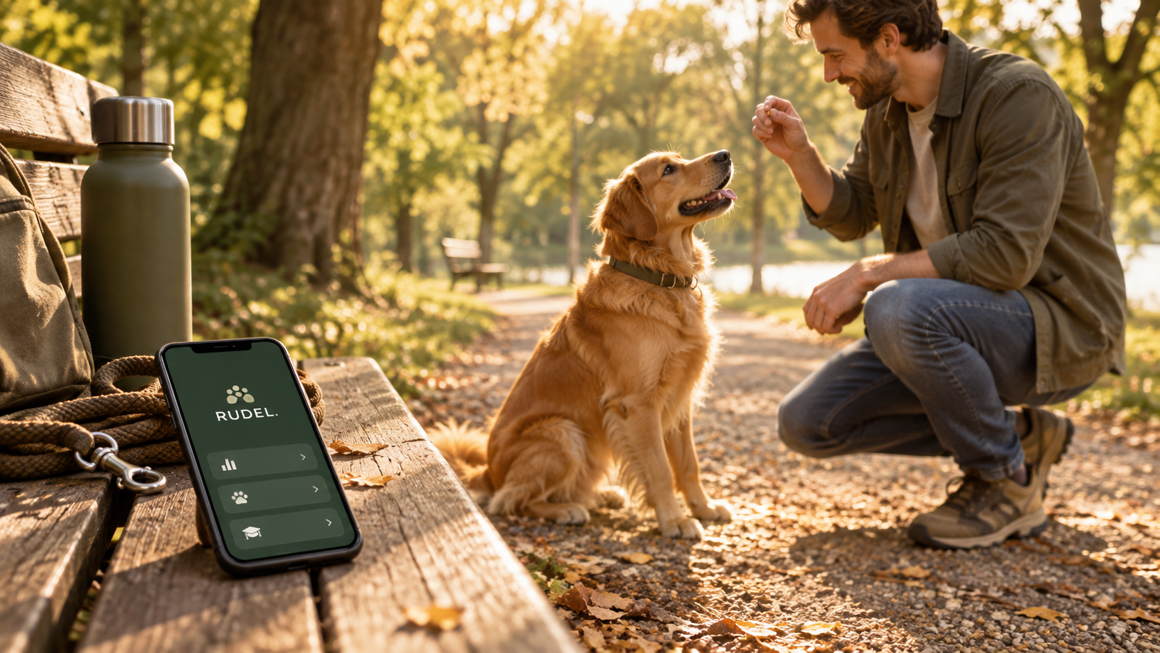 Ein Smartphone mit der RUDEL App liegt auf einer Bank, während ein Mann seinem Golden Retriever im Park ein Leckerli gibt