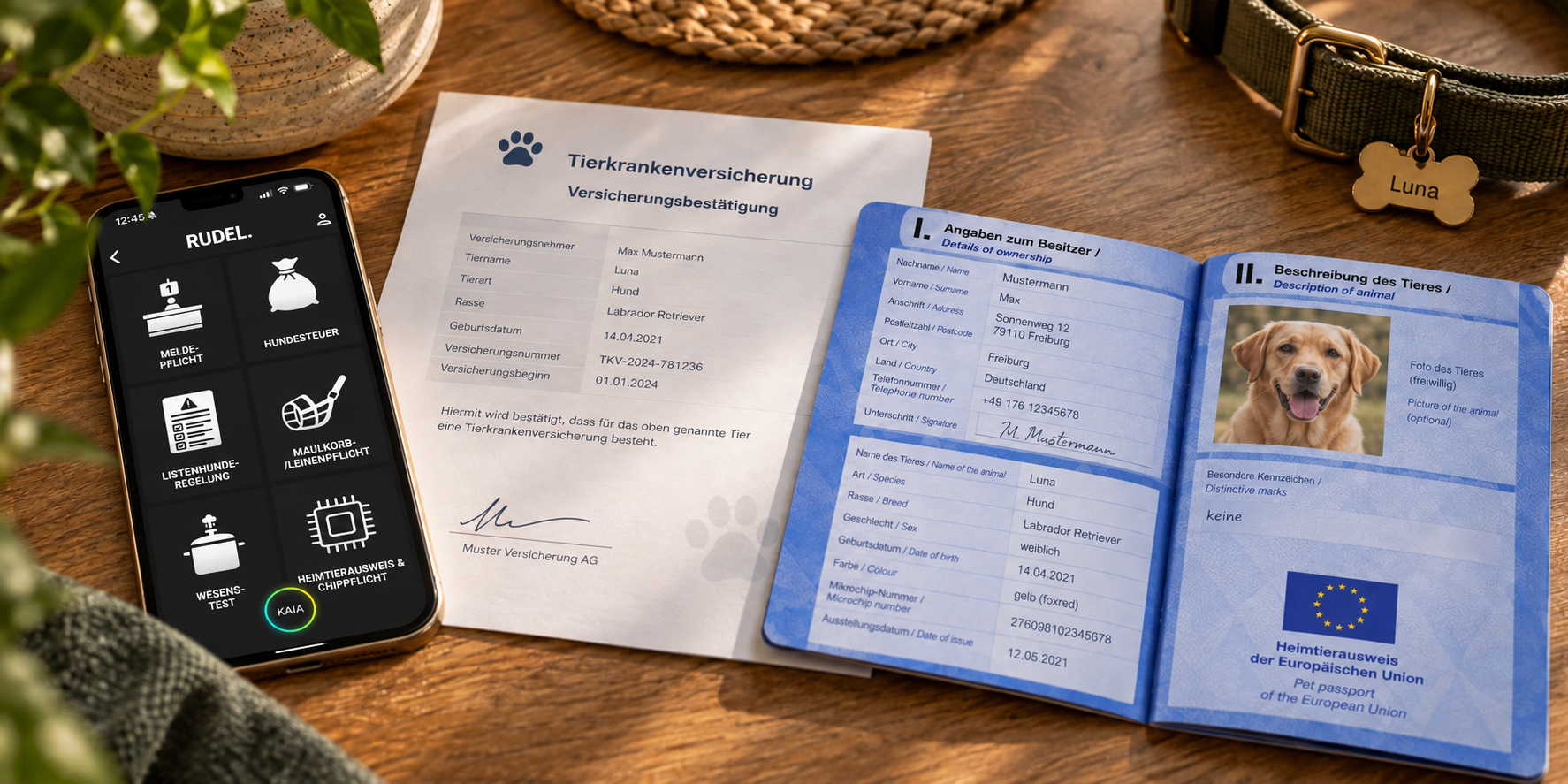 Tierkrankenversicherung, EU-Heimtierausweis, Hundehalsband und ein Smartphone mit der RUDEL App liegen zusammen auf einem Tisch