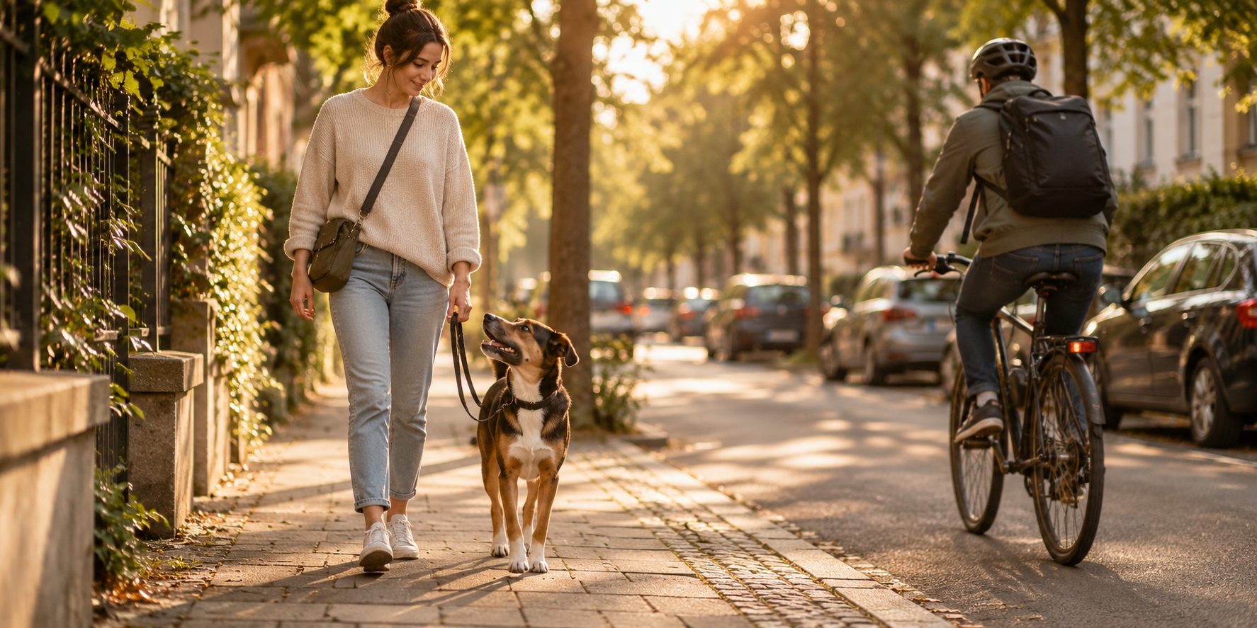 Eine Frau geht mit ihrem angeleinten Hund auf einem Gehweg, während im Hintergrund ein Fahrradfahrer vorbeifährt