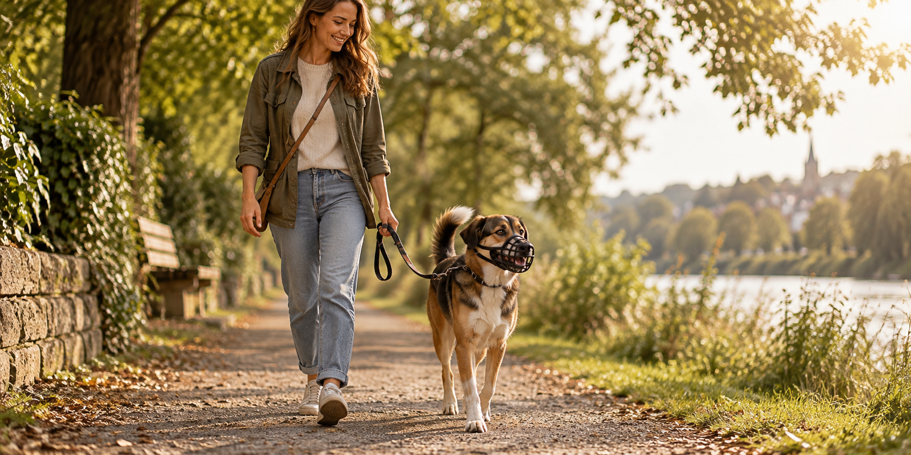 Eine Frau geht mit ihrem Hund, der einen Maulkorb trägt, an einem Fluss entlang