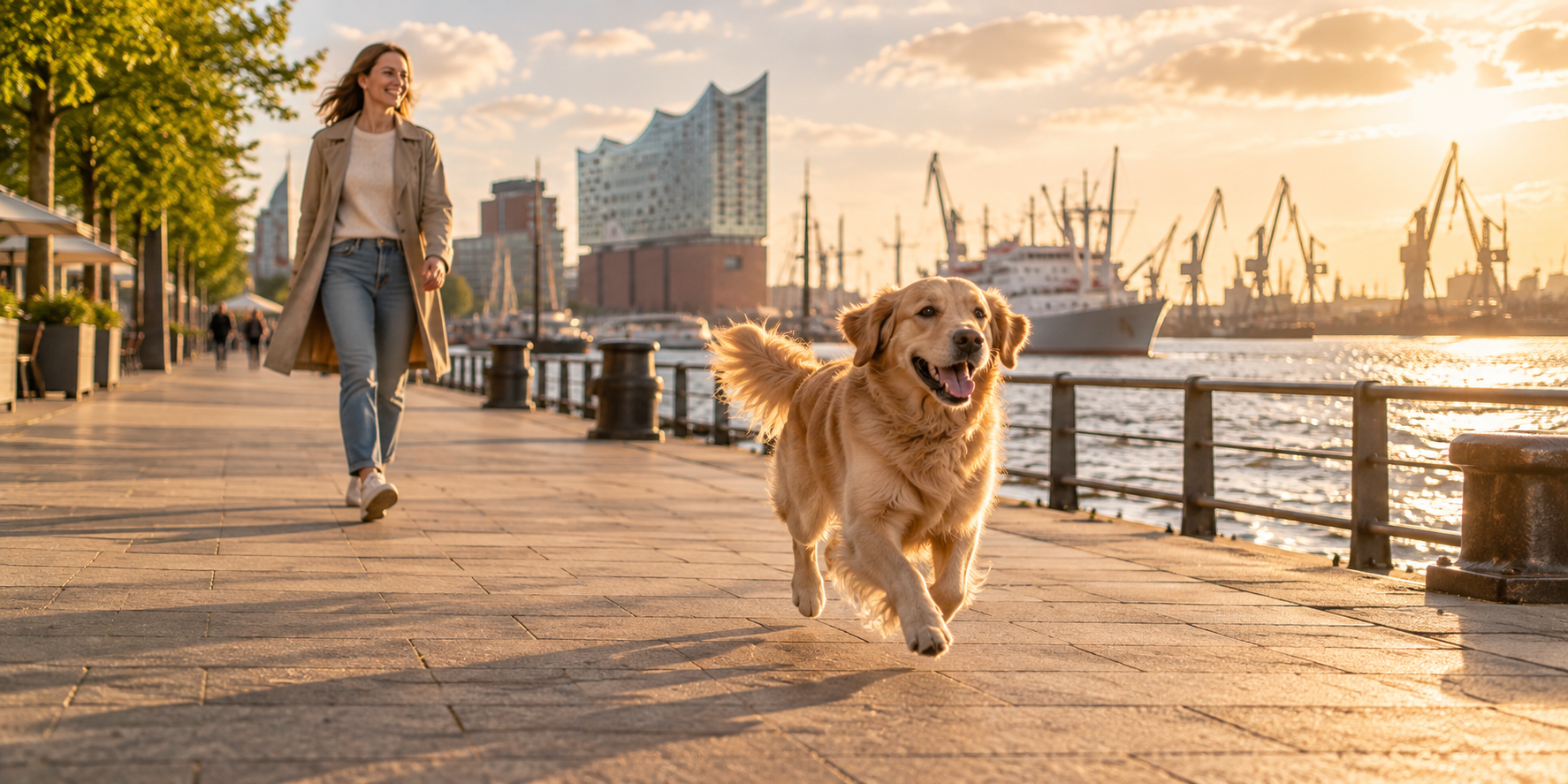 Eine Frau geht mit ihrem freudig laufenden Golden Retriever an der Hamburger Hafenpromenade entlang, im Hintergrund die Elbphilharmonie