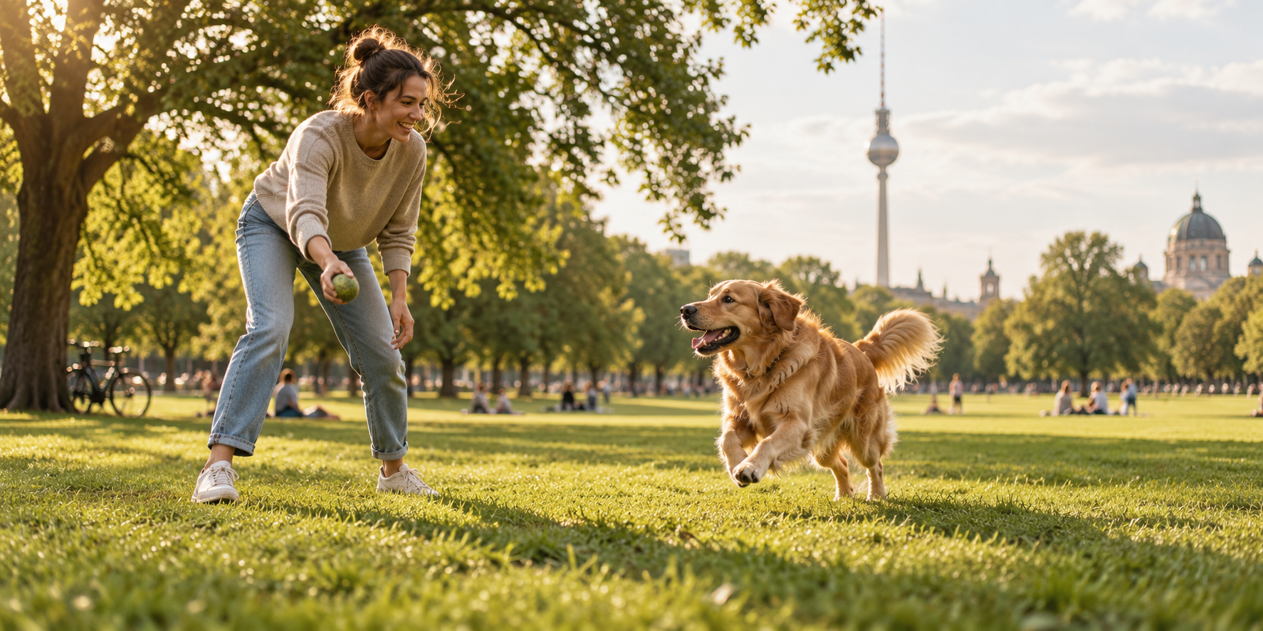 Eine Frau wirft ihrem Golden Retriever einen Ball zu, im Hintergrund ist der Berliner Fernsehturm zu sehen