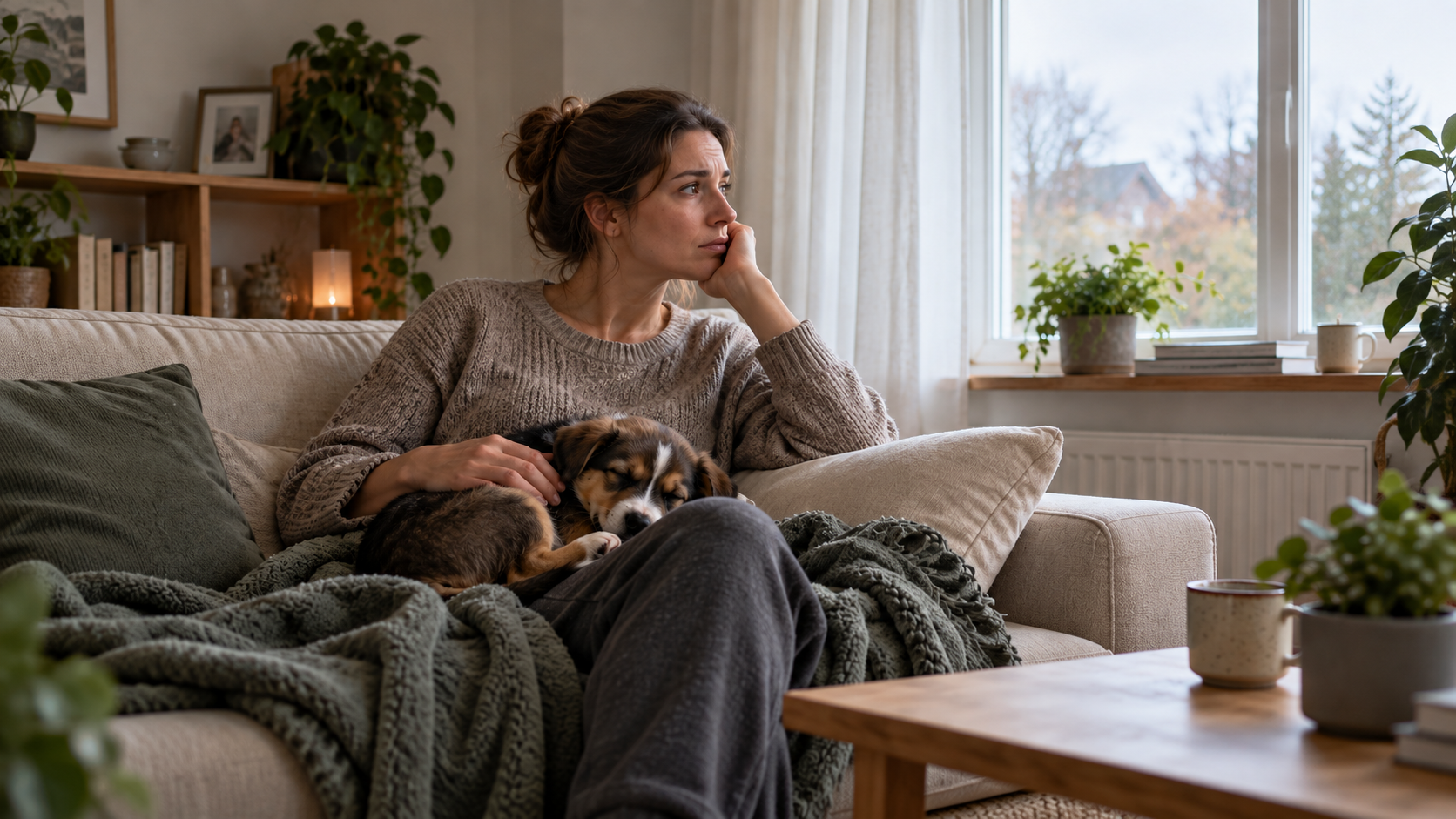 Frau sitzt nachdenklich, Hund in ihrer Nähe