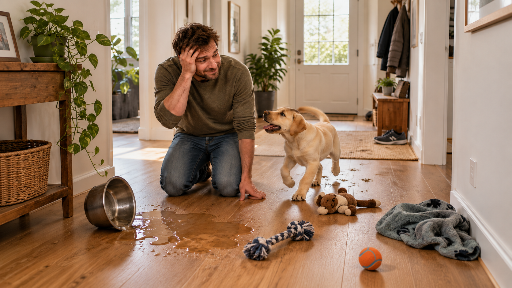Mann sitzt mit Hund im Flur, Hand am Gesicht