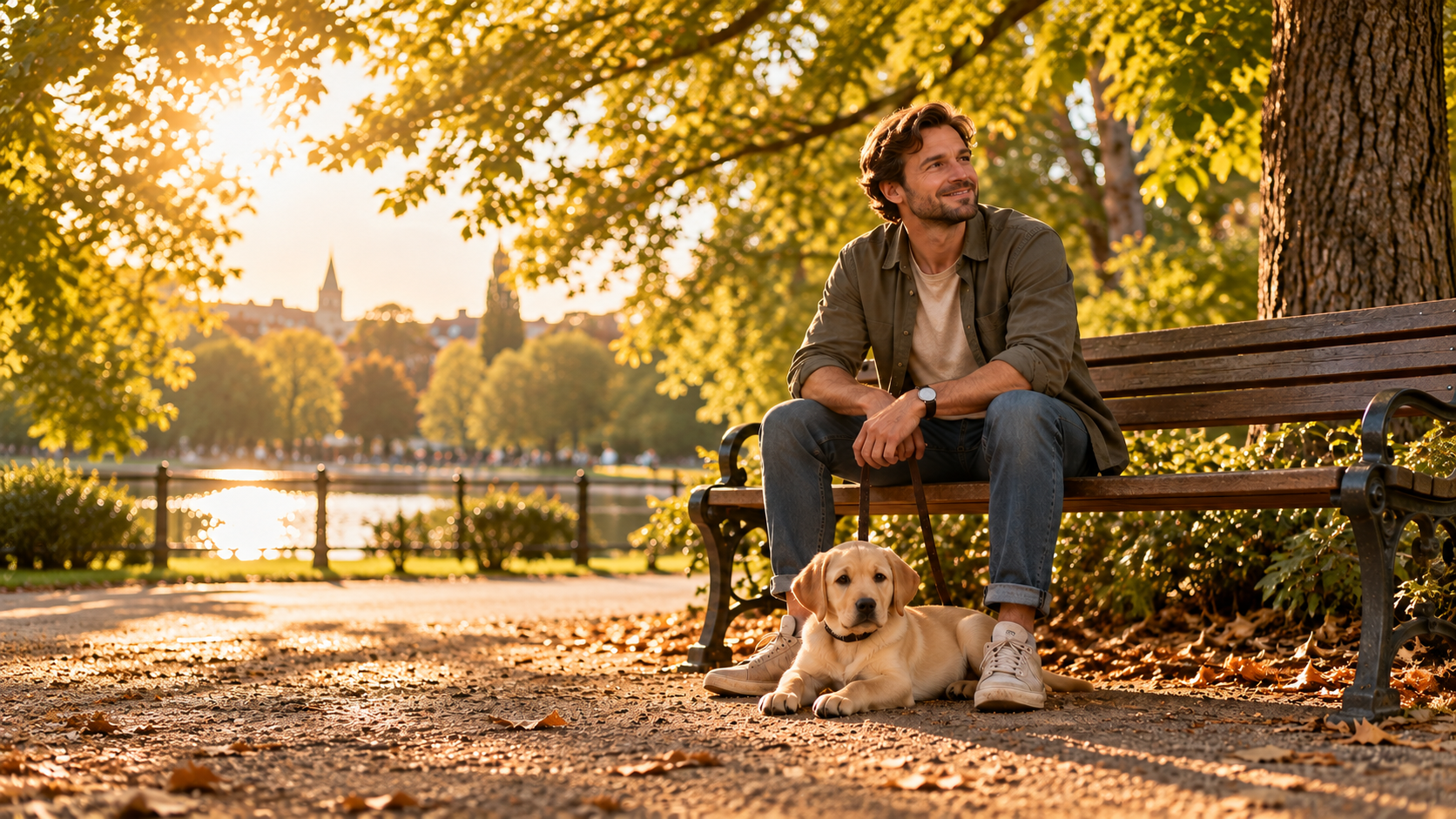 Mann sitzt nachdenklich, Hund in der Nähe, Herbstbäume im Fenster