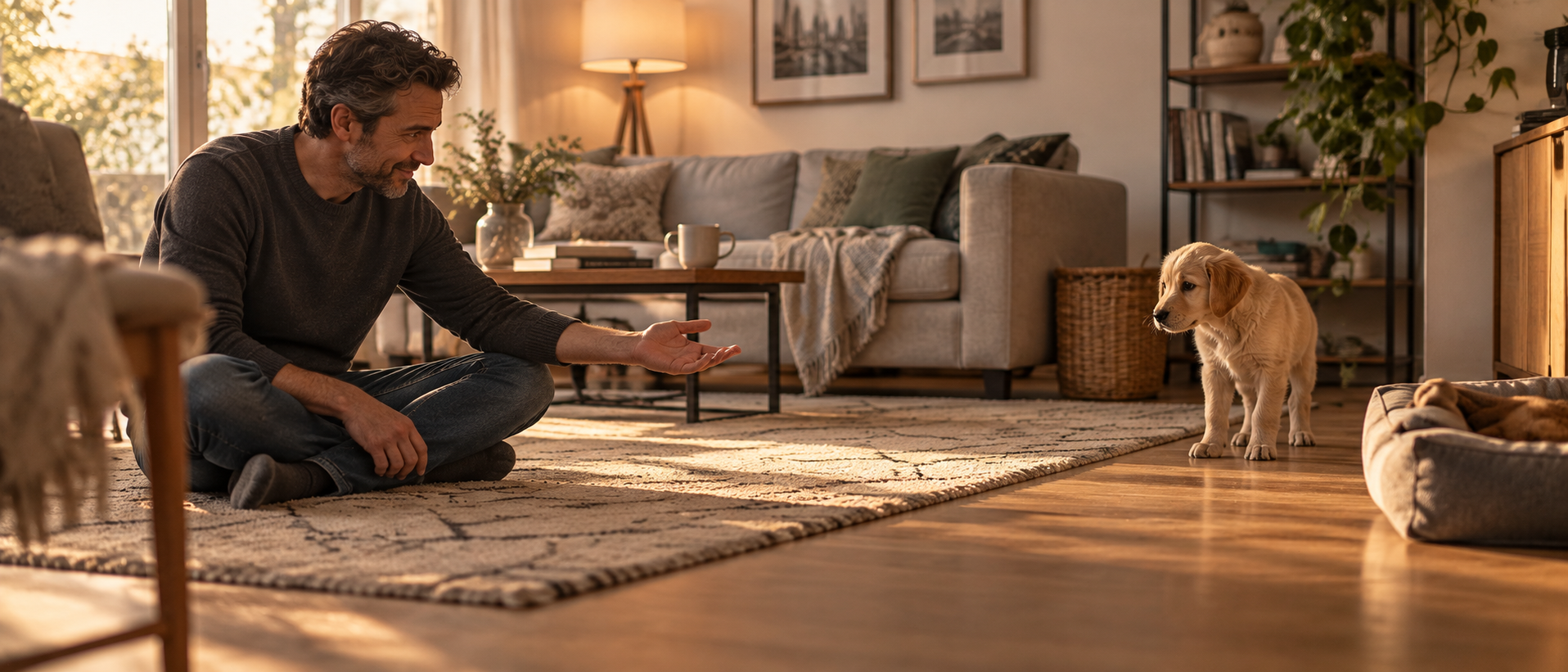 Frau steht mit der Hand an der Hüfte im Wohnzimmer