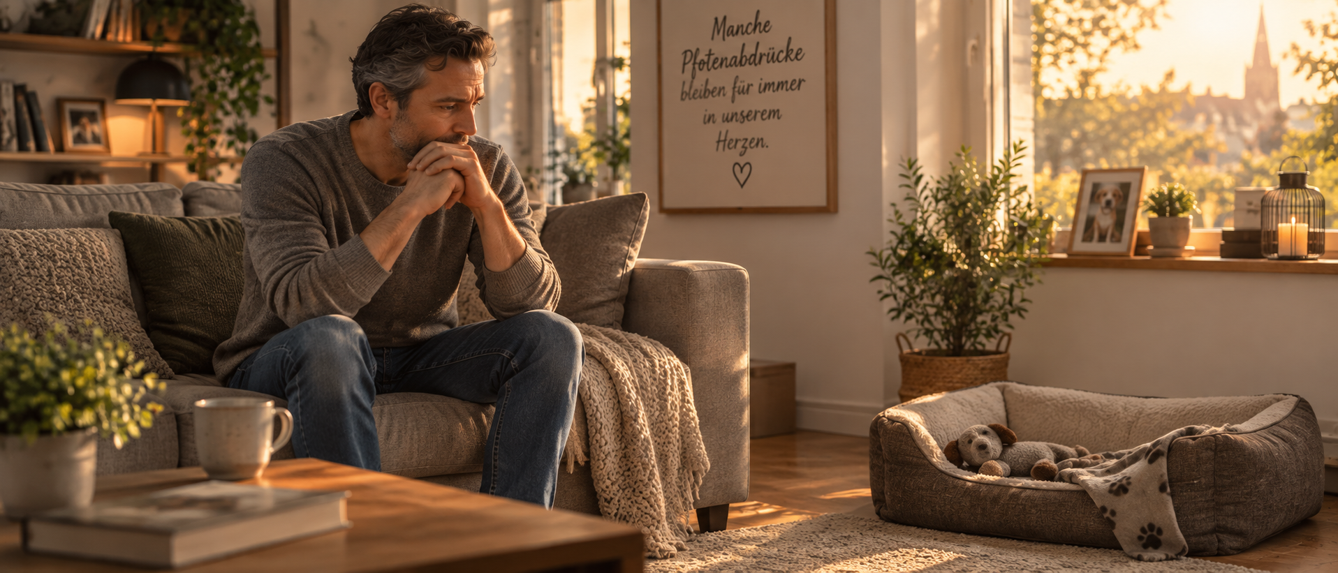 Mann sitzt mit dem Kopf in den Händen auf dem Sofa, Hund in der Nähe
