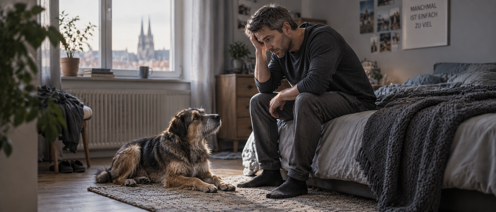 Älterer Mann sitzt, Hund schaut zu ihm auf