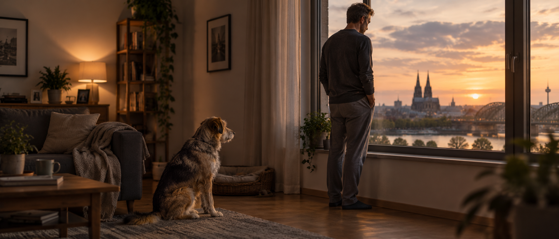 Frau sitzt nachdenklich, Hund in ihrer Nähe