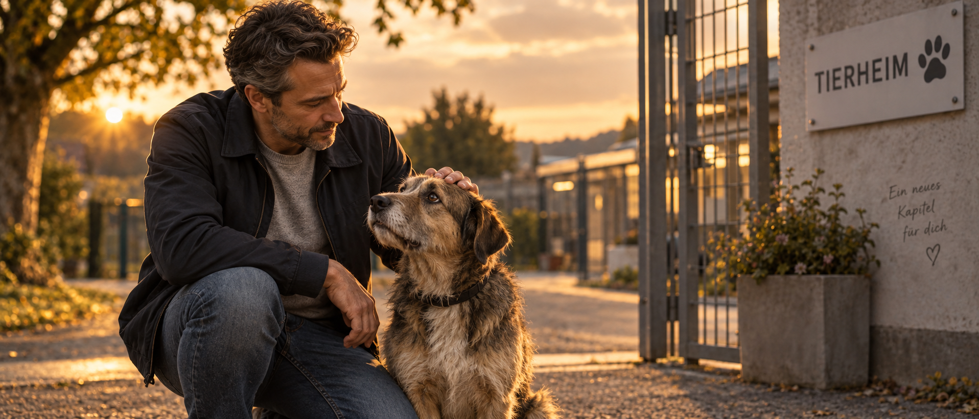 Mann geht mit seinem Hund durch eine Stadtstraße