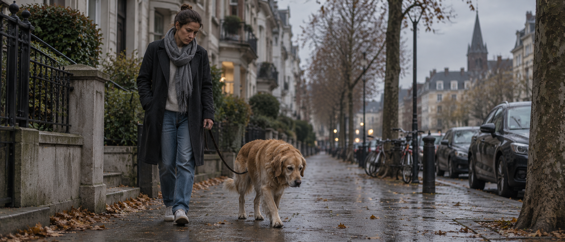 Person steht mit Hund vor einer Eingangstür