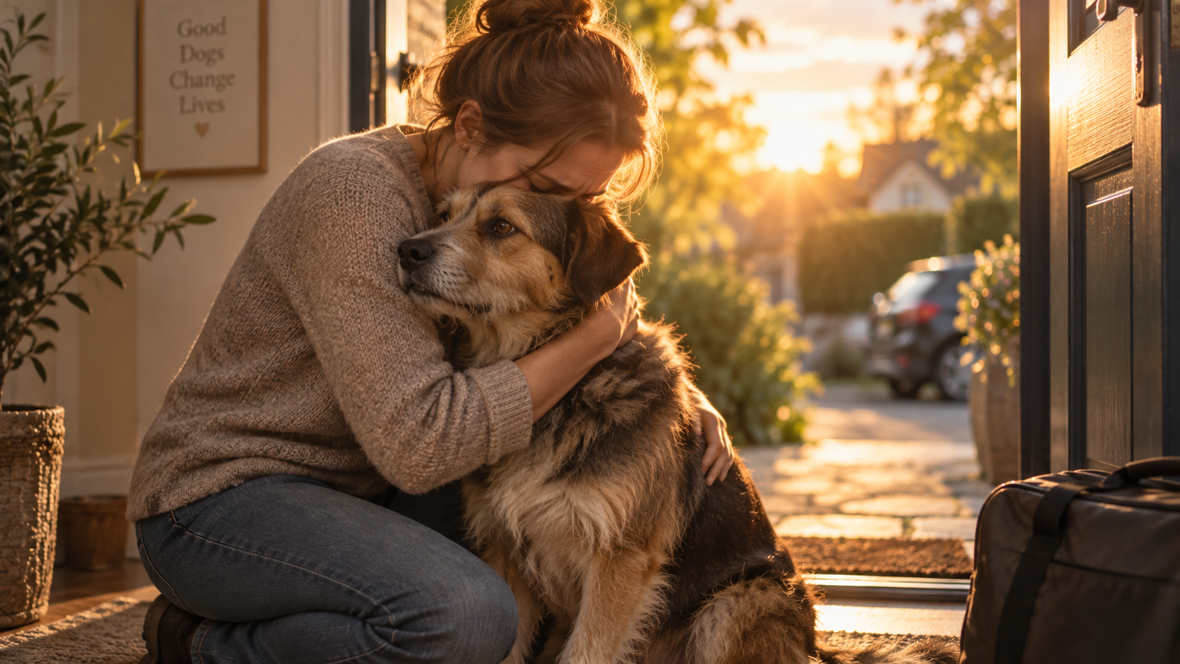 Mann umarmt einen älteren Hund im Sonnenuntergang am Wasser