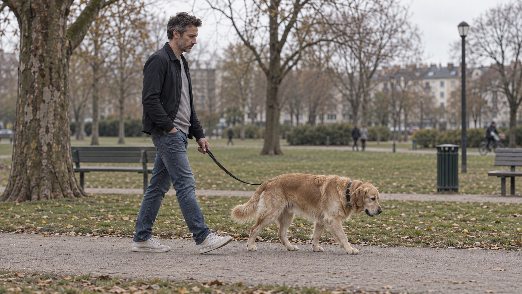 Mann geht mit Hund an der Leine, historisches Gebäude im Hintergrund