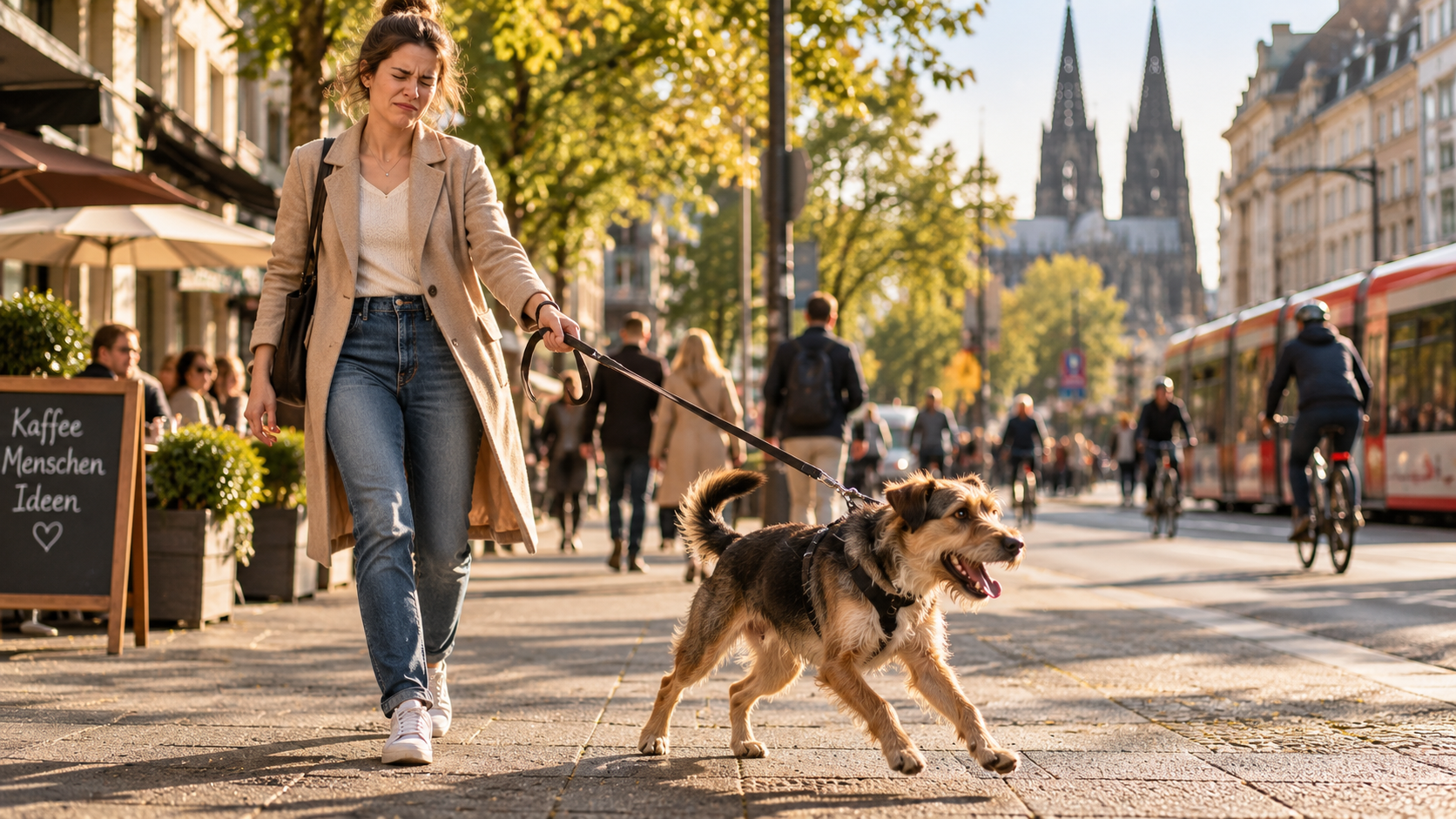Frau umarmt einen älteren Hund im Freien