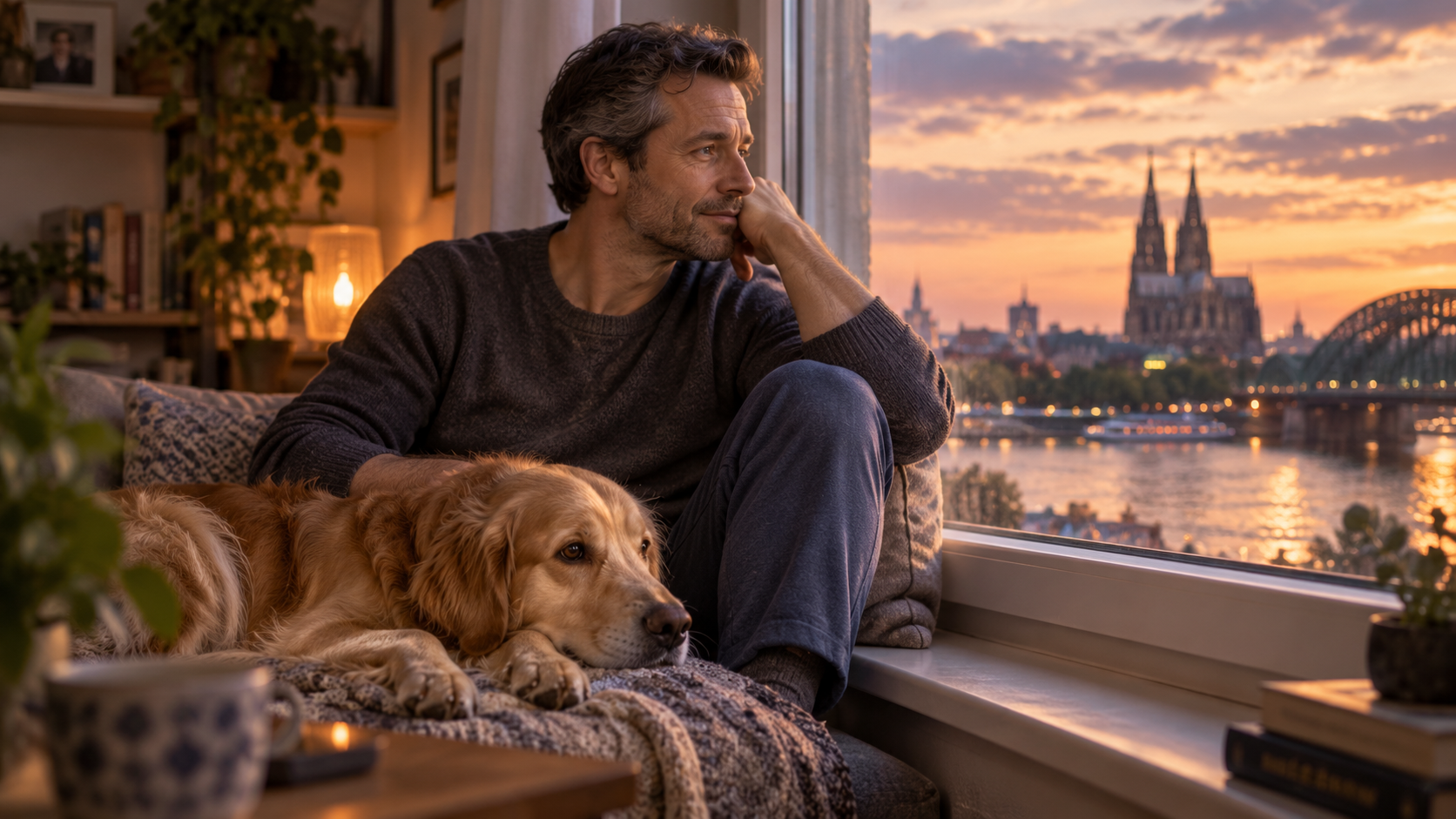 Mann sitzt allein bei Sonnenuntergang am Wasser