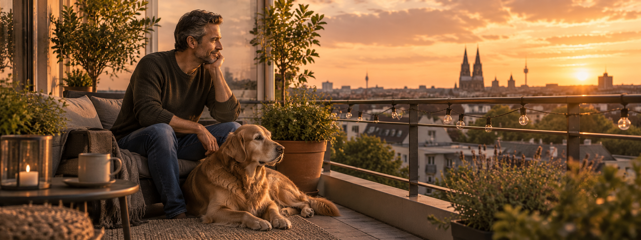 Frau sitzt mit Hund am Fenster im Sonnenuntergangslicht