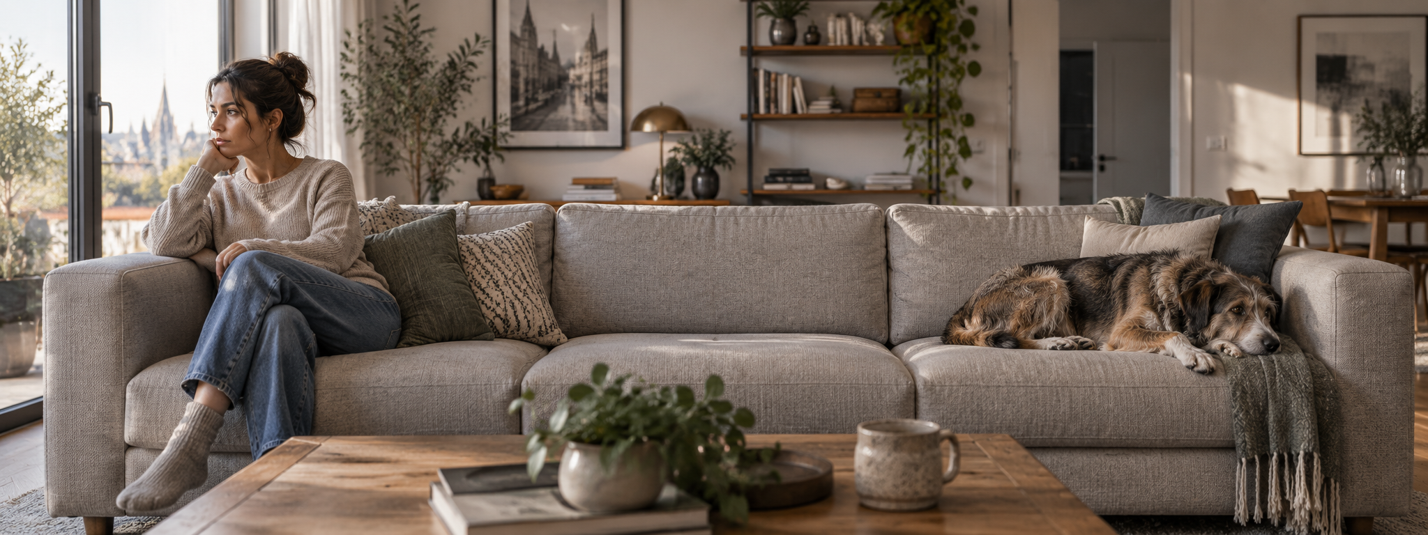 Gemütliches Wohnzimmer mit Sofa, ruhige Atmosphäre
