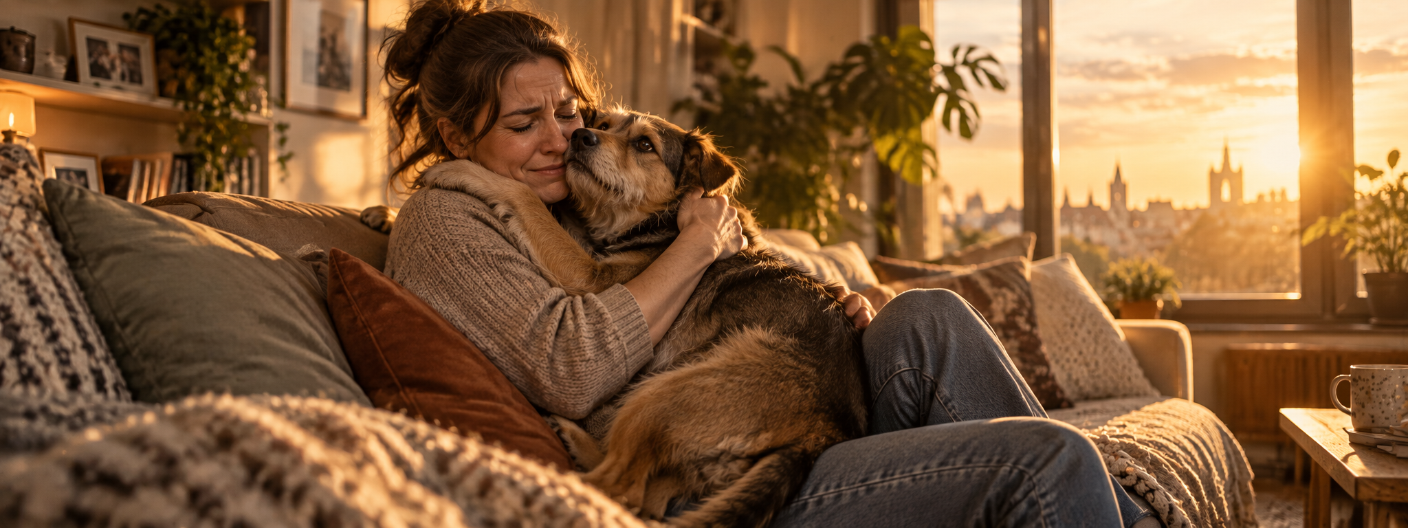 Frau umarmt einen älteren Hund liebevoll