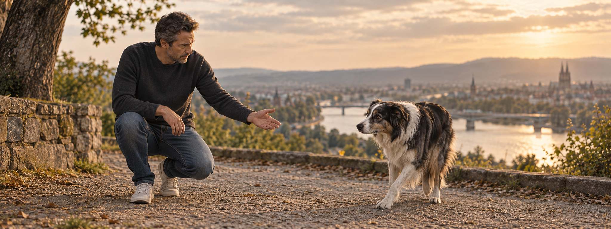 Mann umarmt seinen Hund im Sonnenuntergang im Freien