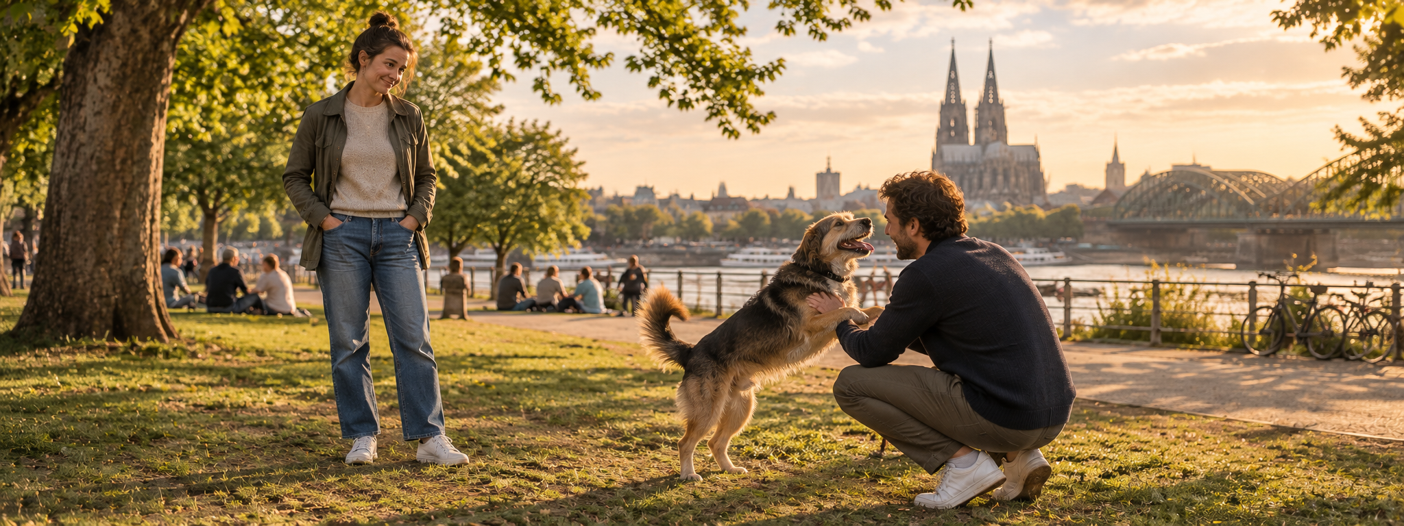 Person mit Hund vor einer Stadtsilhouette am Fluss