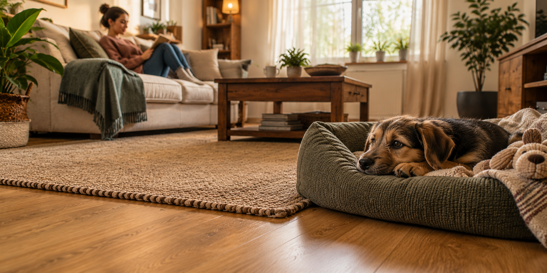 Welpe liegt im Hundebett, Halterin liest im Hintergrund