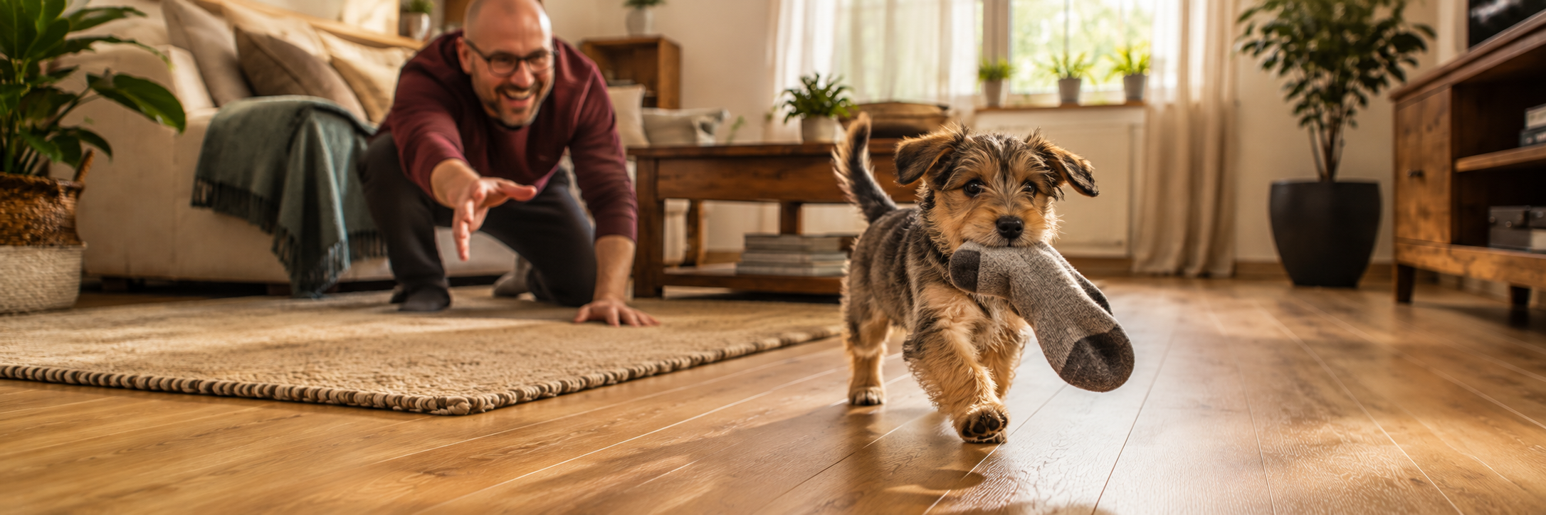 Welpe rennt mit einer Socke im Maul durchs Wohnzimmer, Mann greift spielerisch danach