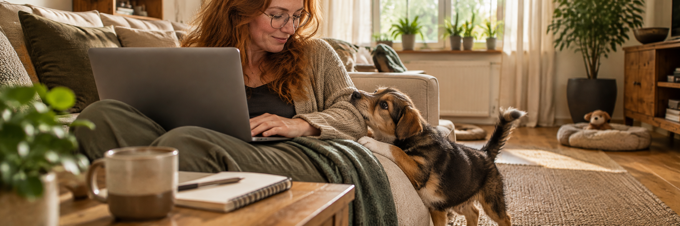 Welpe stupst eine Frau am Arm, während sie mit dem Laptop auf dem Sofa arbeitet