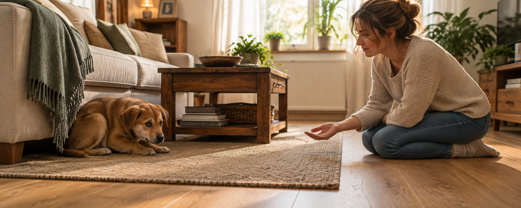 Welpe duckt sich zurückhaltend neben einem Sofa, eine Hand ist im Hintergrund sichtbar