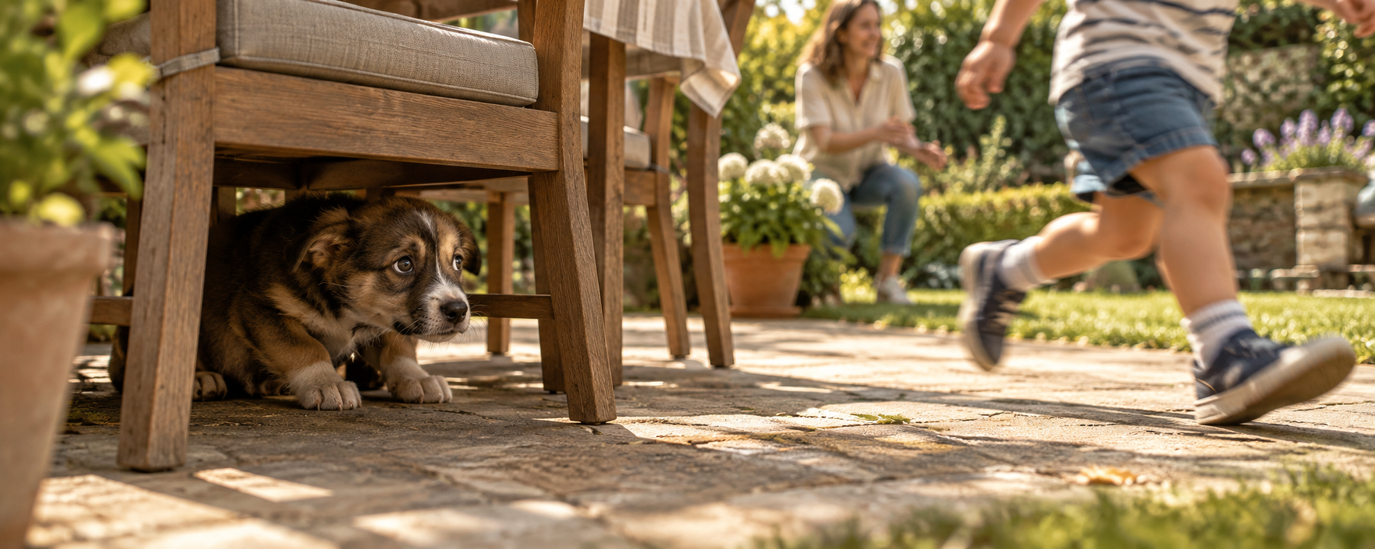 Welpe kauert unter einem Gartenstuhl, im Hintergrund rennt ein Kind vorbei