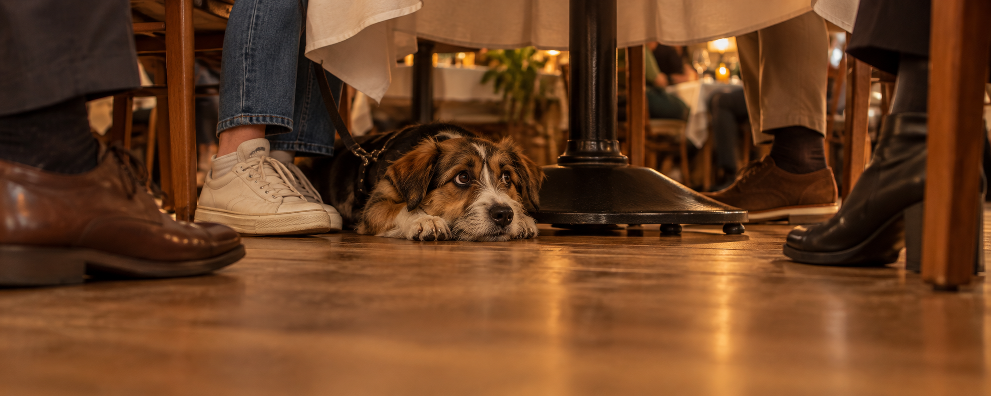 Welpe liegt angespannt unter einem Restauranttisch nahe den Füßen seines Halters