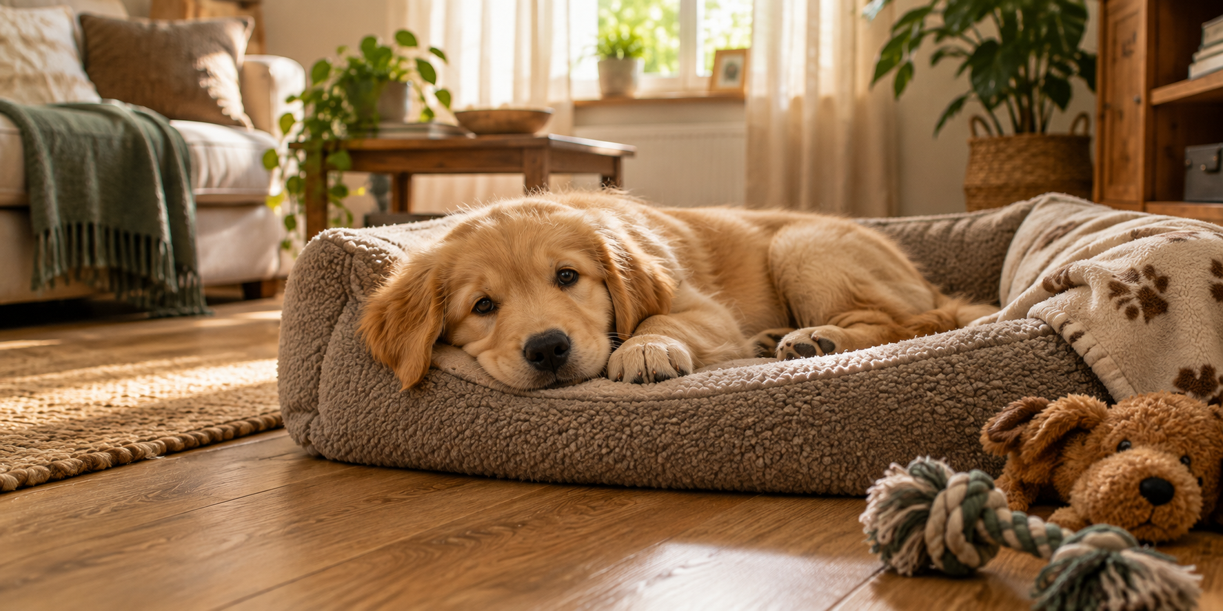Welpe ruht sich tagsüber ruhig auf einem Hundebett aus, sanftes Licht im Raum