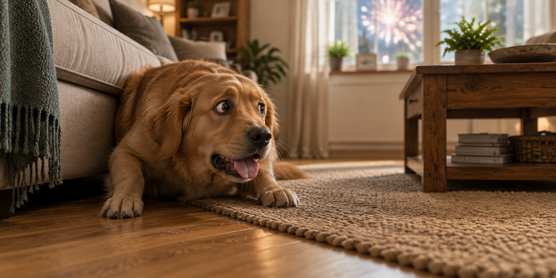 Hund kauert angespannt mit weit geöffneten Augen und hechelt stark in Innenraum