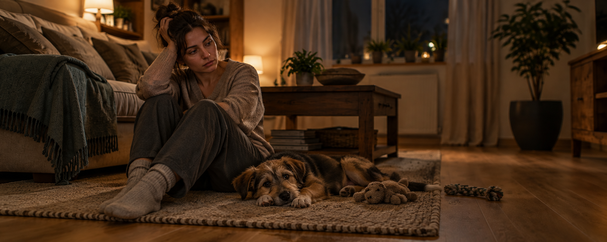 Erschöpfte Halterin sitzt spät nachts auf dem Boden neben ihrem ruhigen Hund im leeren Wohnzimmer