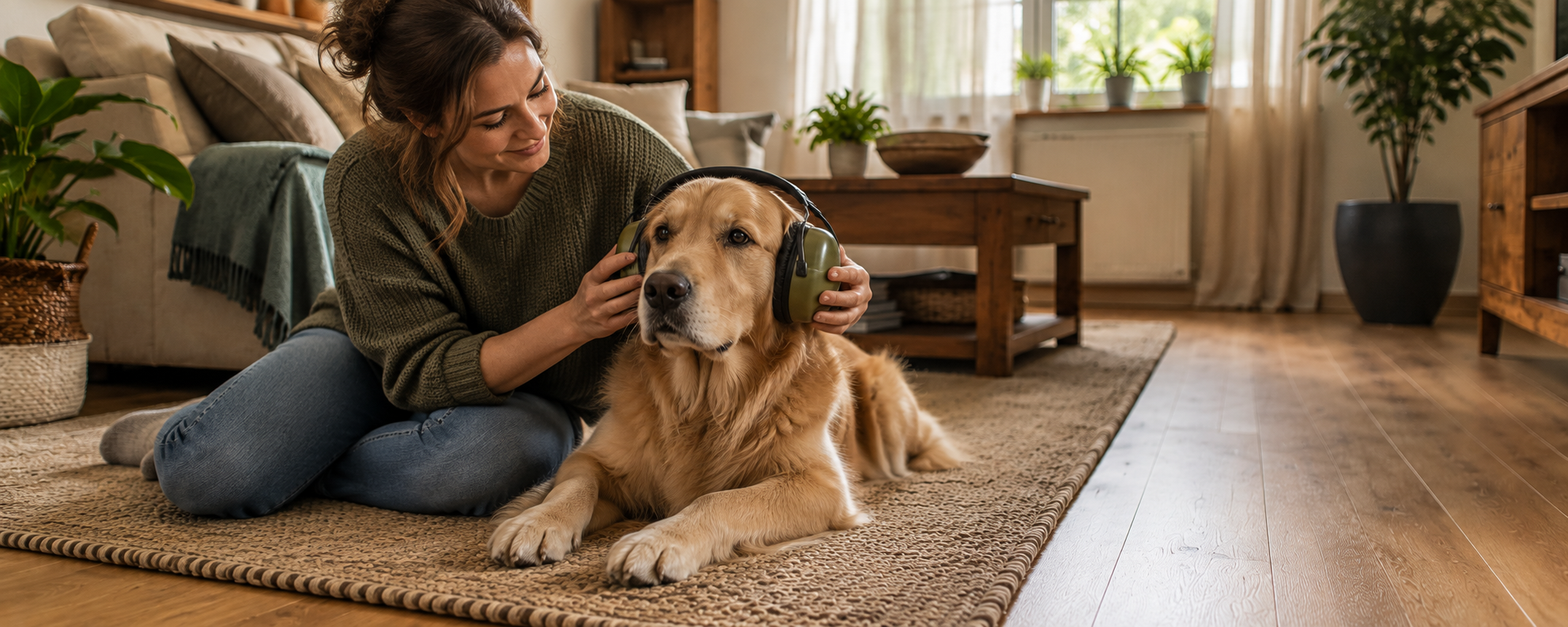 Hund trägt zuhause ruhig gut sitzenden Gehörschutz, Halterin passt ihn an