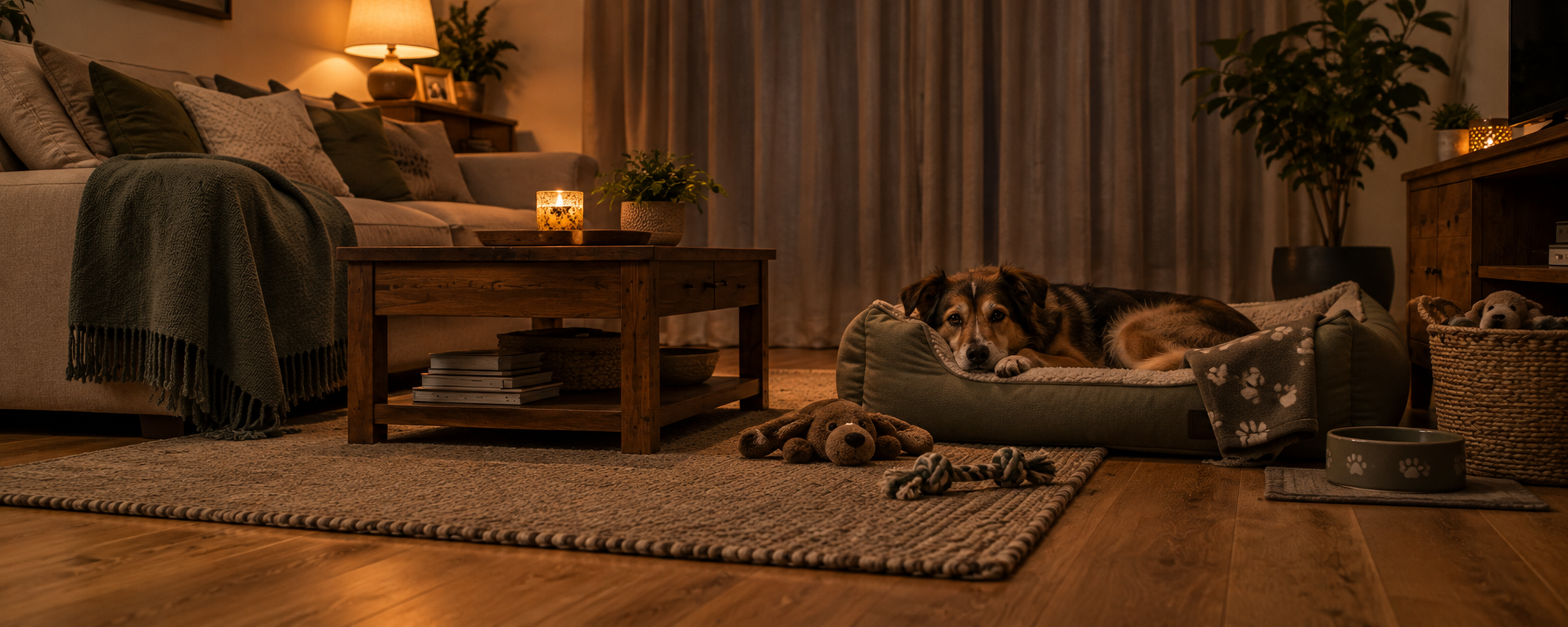Gemütliches, abgedunkeltes Wohnzimmer mit geschlossenen Vorhängen und eingerichtetem Hundebett