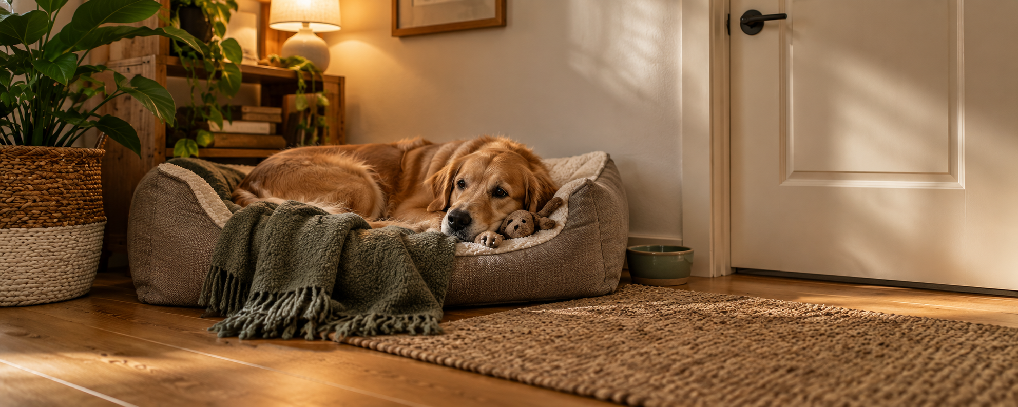 Ruhige Ecke mit Hundebett, Decke und geschlossener Tür in warmem, weichem Licht