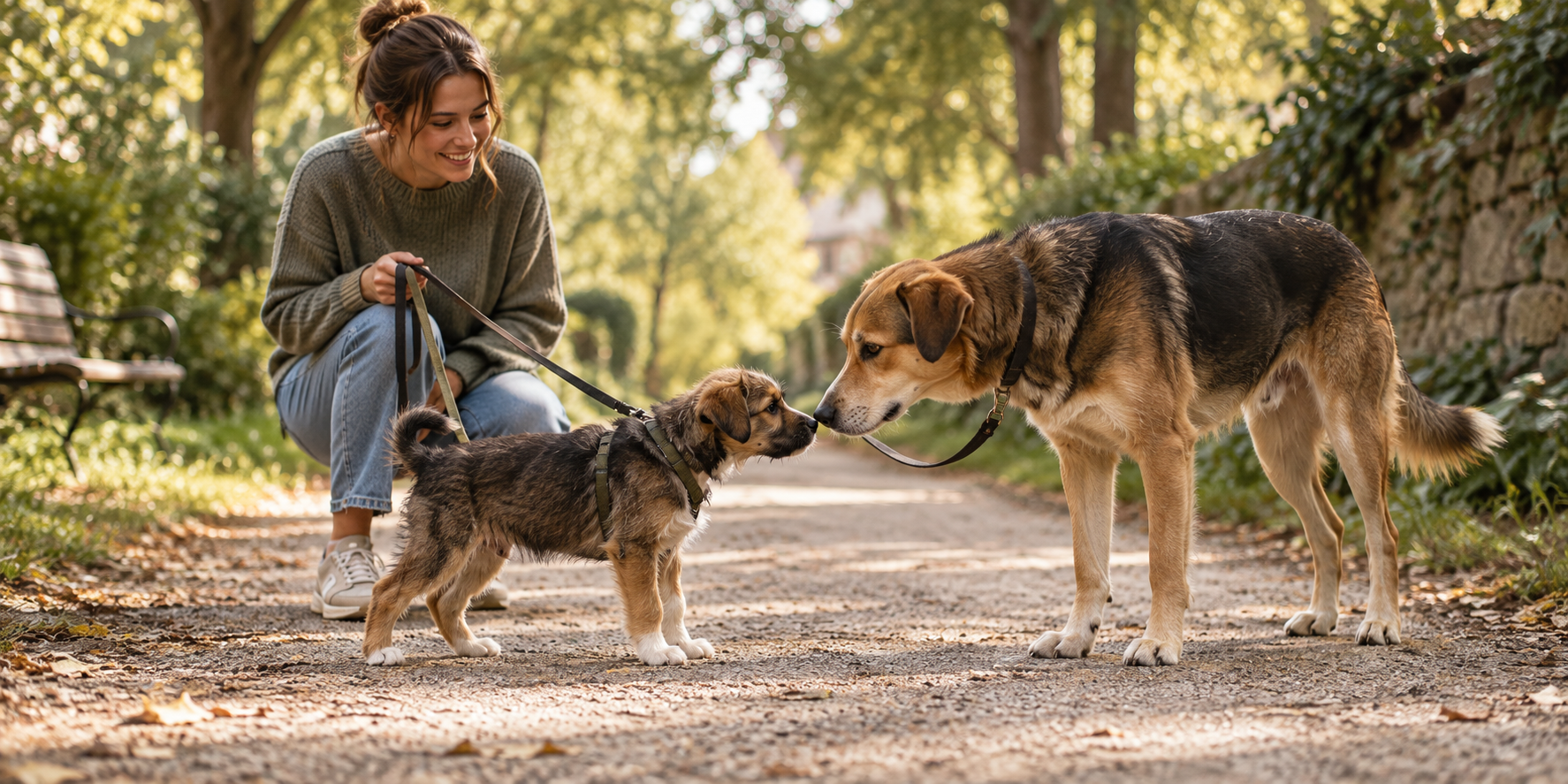 Welpe und erwachsener Hund beschnuppern sich ruhig an der Leine auf einem Weg, Halterin lächelt