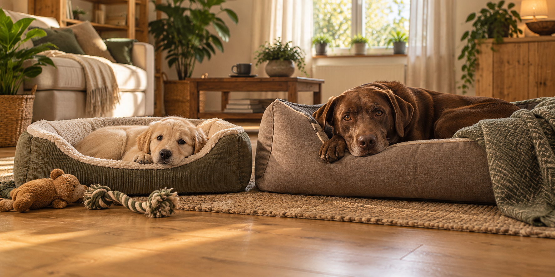 Zwei getrennte Hundebetten nebeneinander im Wohnzimmer, Welpe und Hund liegen entspannt