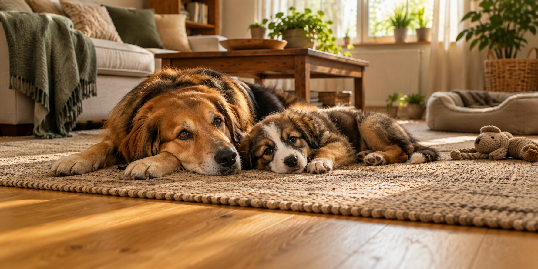 Welpe und erwachsener Hund liegen entspannt zusammen auf dem Boden ohne Aufsicht