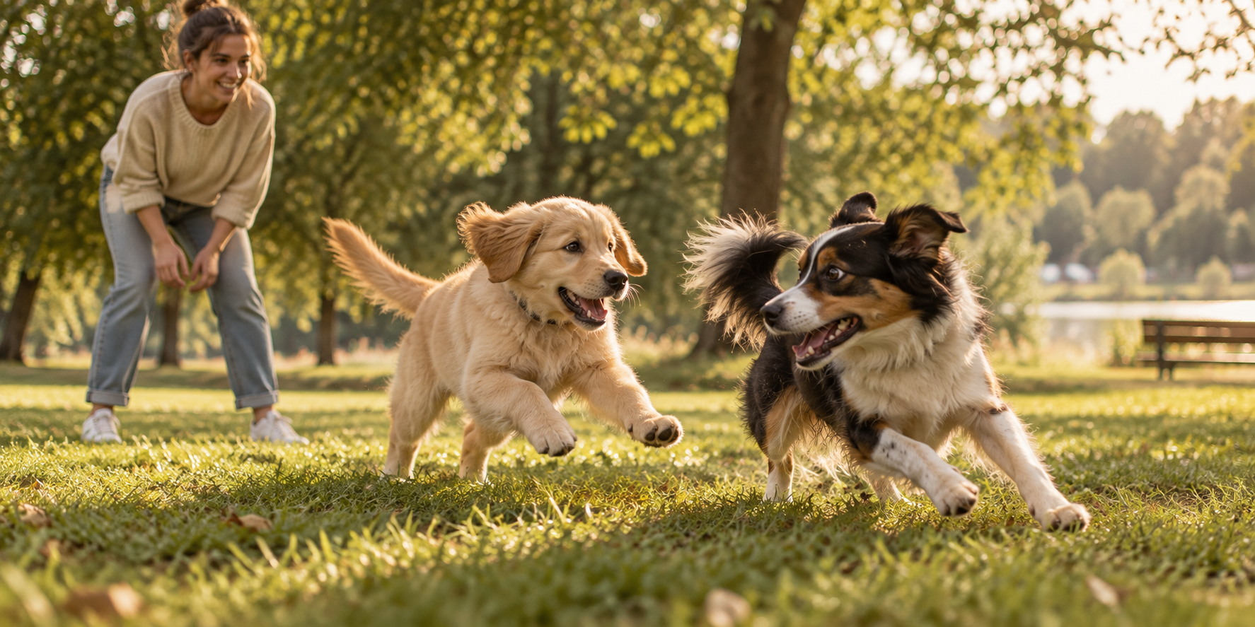 Welpe und anderer Hund jagen sich ausgelassen über eine Wiese, Halterin beobachtet aufmerksam