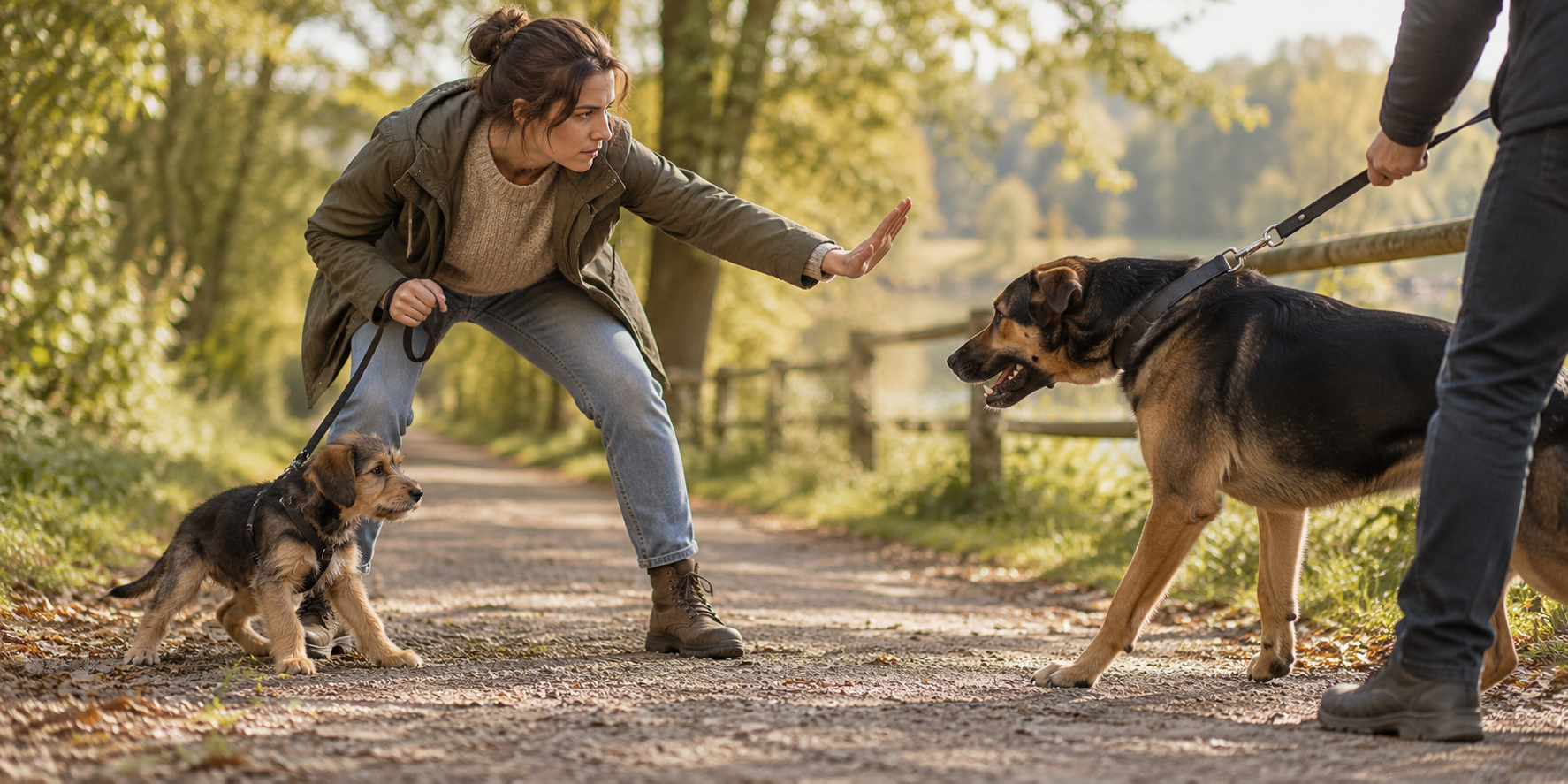 Halterin geht schützend vor ihrem Welpen in Stellung, während sich ein anderer Hund nähert