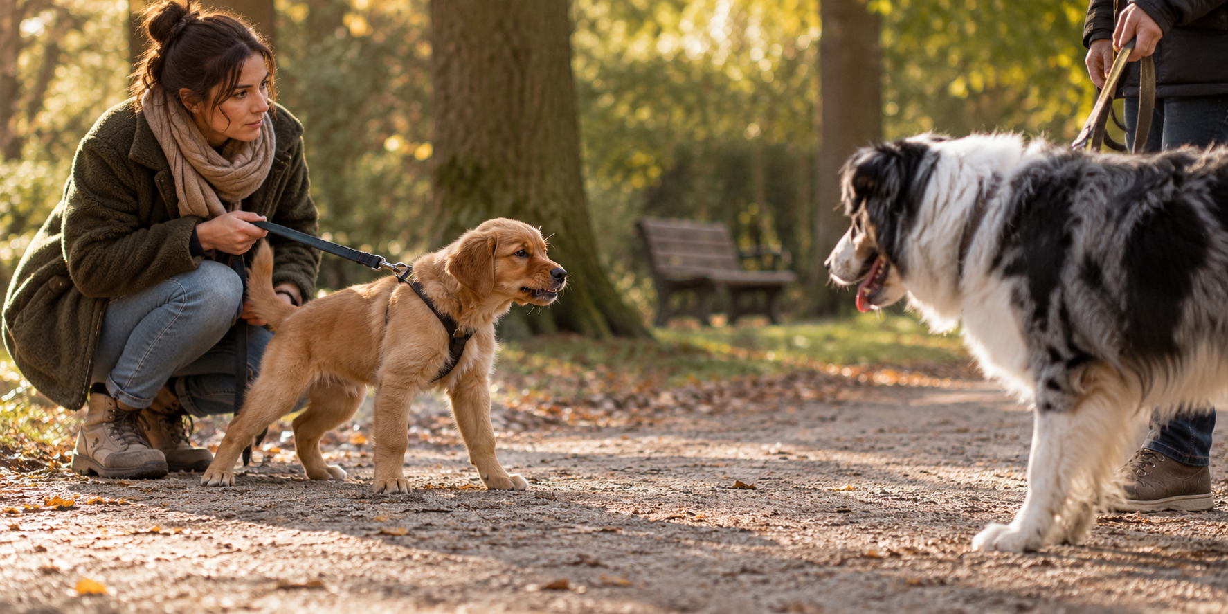 Welpe steht steif an der Leine mit leicht gekräuselter Lefze, anderer Hund nähert sich in der Distanz