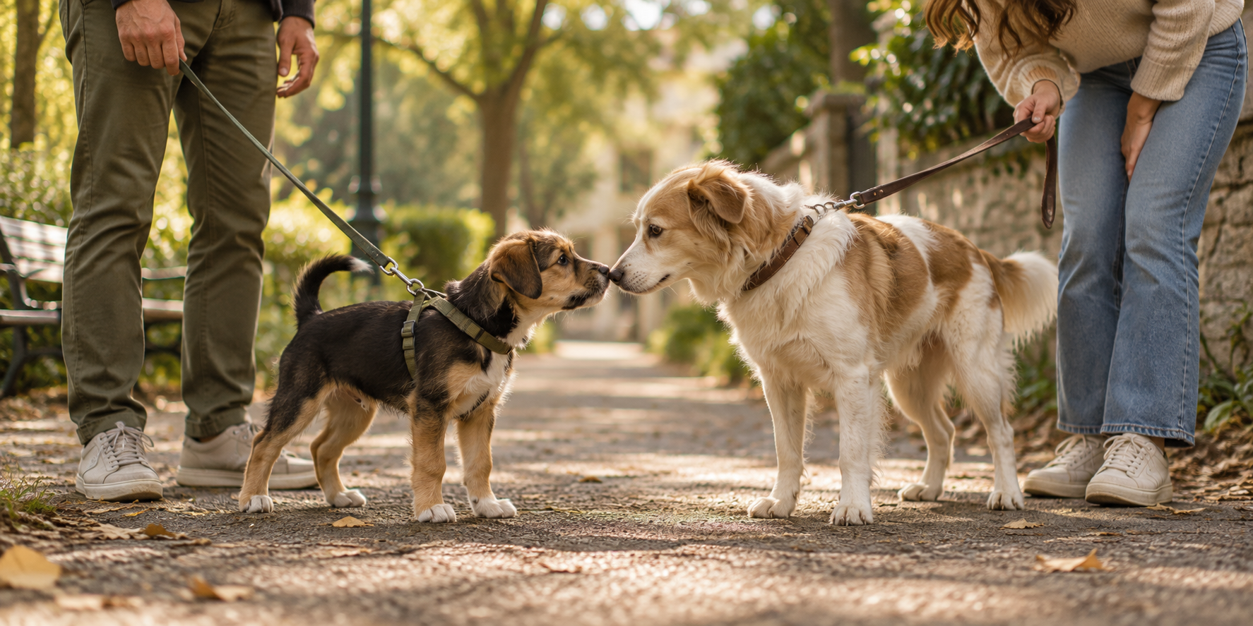 Welpe und fremder Hund beschnuppern sich kurz an der Leine während eines Spaziergangs