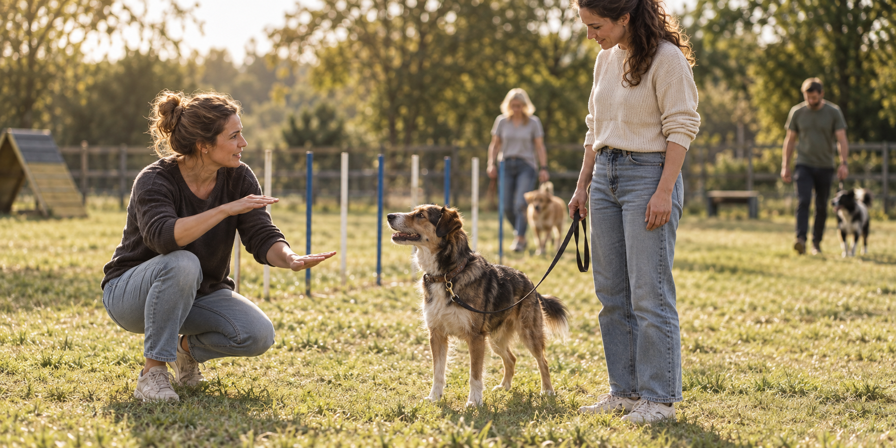 Hundetrainerin kniet und gibt einer Frau mit angeleintem Hund Anweisungen auf einem sonnigen Trainingsplatz mit Slalomstangen