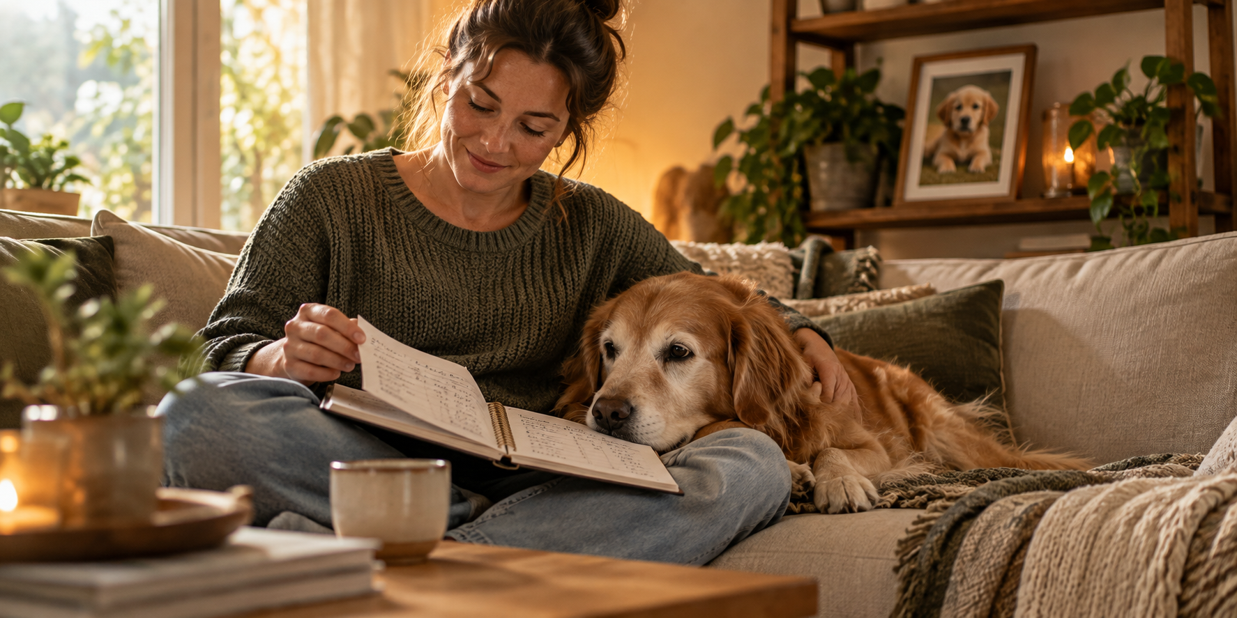 Frau sitzt mit einem ruhigen Senior-Hund auf dem Sofa und blättert in einem Notizbuch mit handschriftlicher Kostenübersicht