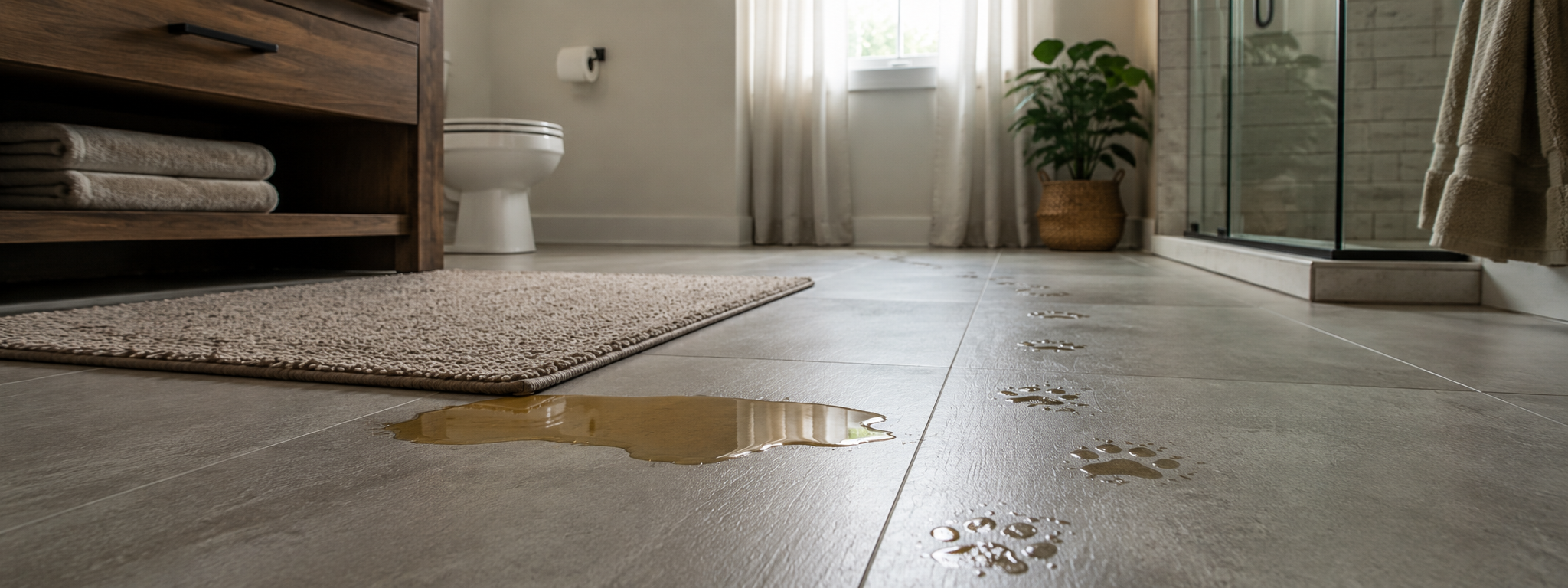 Gefliestes Badezimmer mit Pfütze und Pfotenspuren vor der Dusche