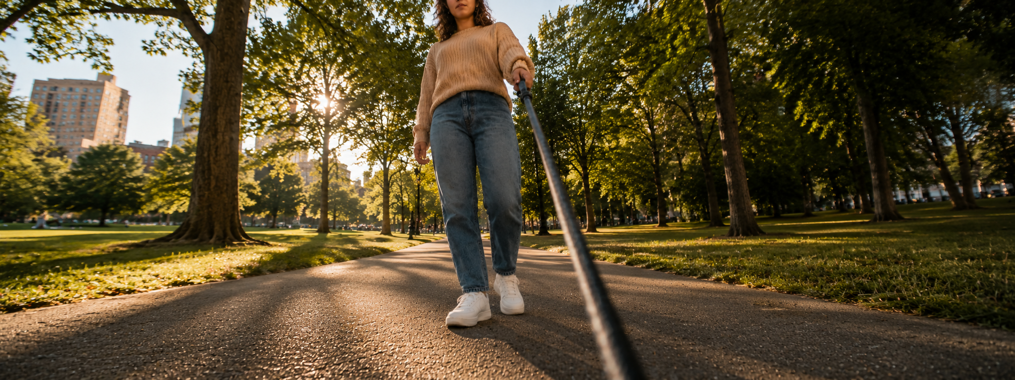 Nahaufnahme einer Frau, die auf einem Parkweg von einer straffen Leine nach vorne gezogen wird
