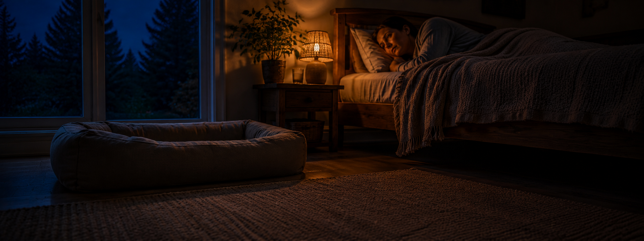 Frau schläft nachts im Bett, daneben steht ein leeres, bereites Hundebett