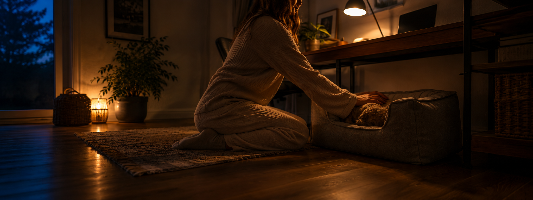 Frau sitzt abends am Schreibtisch und streichelt einen Hund, der in seinem Bett schläft