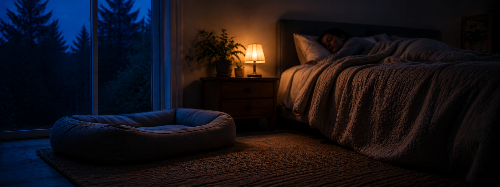 Frau schläft im Bett, im Vordergrund ein leeres rundes Hundebett auf dem Boden